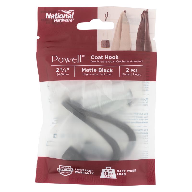National Hardware Powell Medium Matte Black Aluminum 2-5/8 in. L Knurled Hook 15 lb