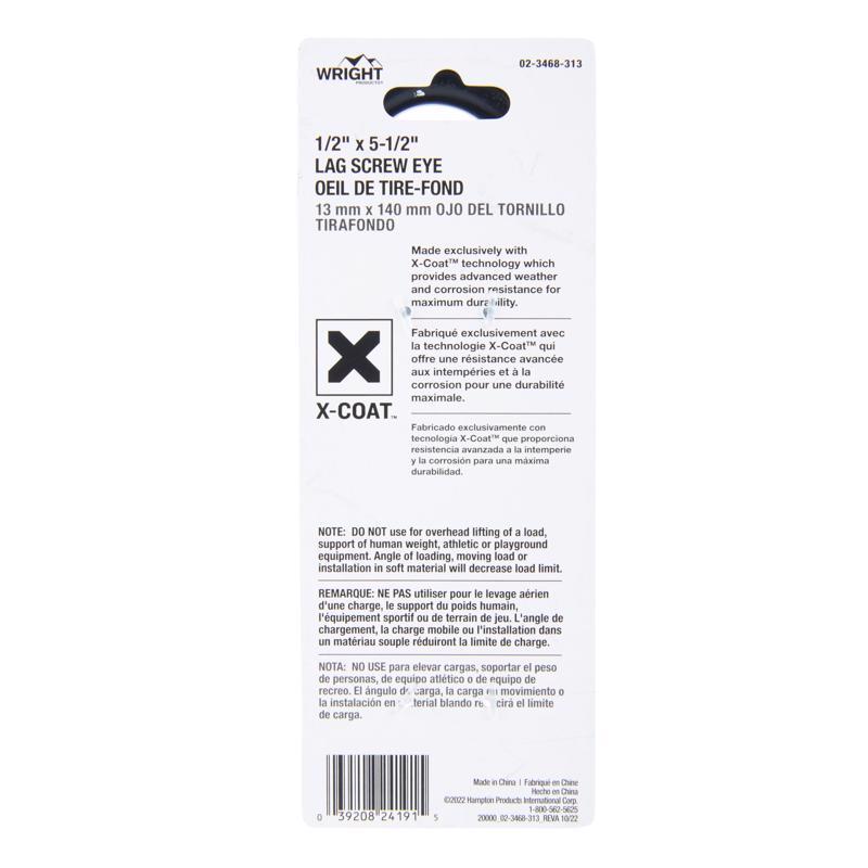 Wright 1/2 in. D X 5-1/2 in. L Black Steel Lag Screw Eye 350 lb