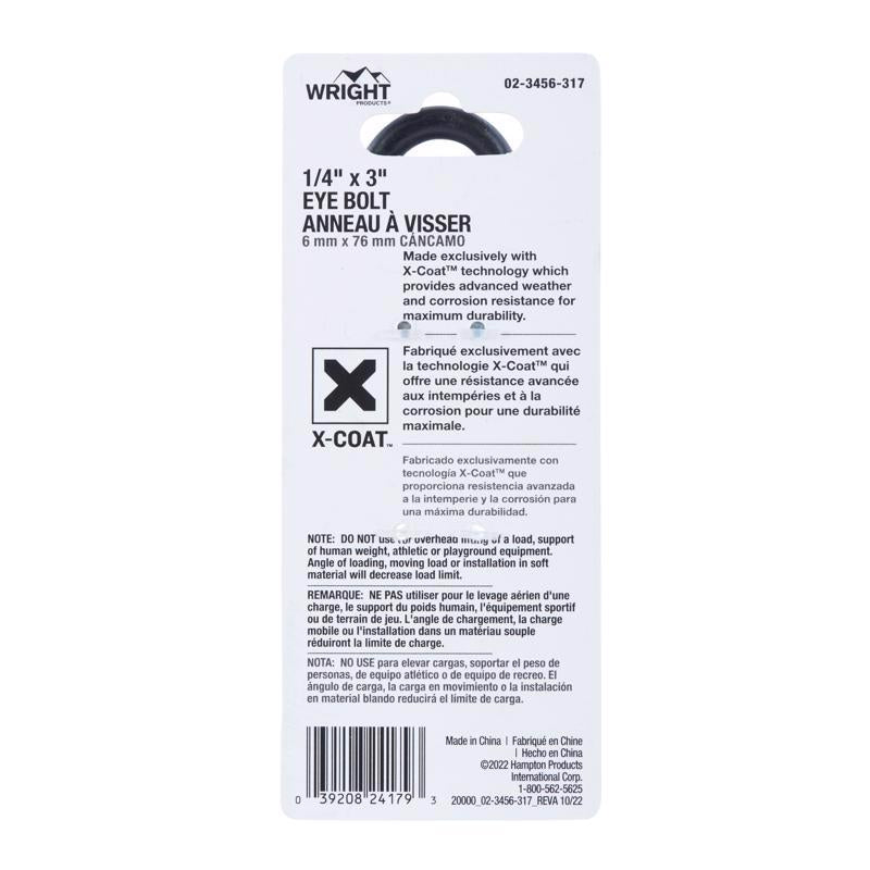 Wright 1/4 in. X 3 in. L Black Steel Eyebolt Nut Included