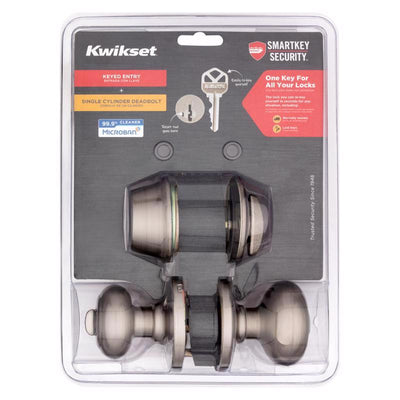 Kwikset SmartKey Security Cove Satin Nickel Deadbolt and Entry Door Knob KW1 1-3/4 in.