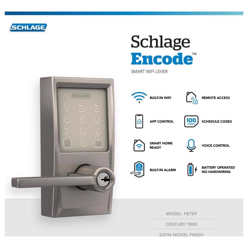 Schlage Encode Satin Nickel Metal Wi-Fi Deadbolt with Latitude Lever