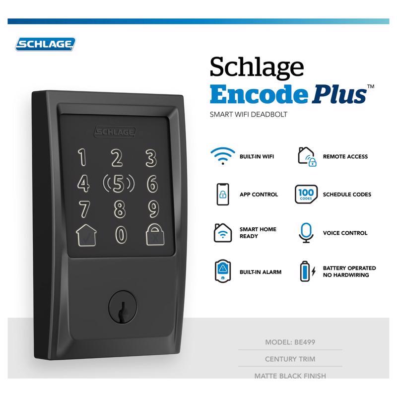 Schlage Encode Plus Matte Black Metal Wi-Fi Deadbolt with Century Trim