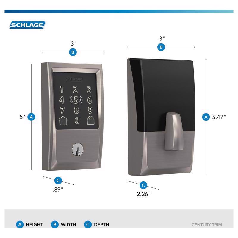 Schlage Encode Plus Satin Nickel Metal Wi-Fi Deadbolt with Century Trim