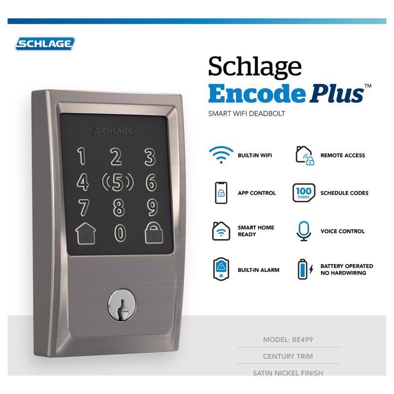Schlage Encode Plus Satin Nickel Metal Wi-Fi Deadbolt with Century Trim