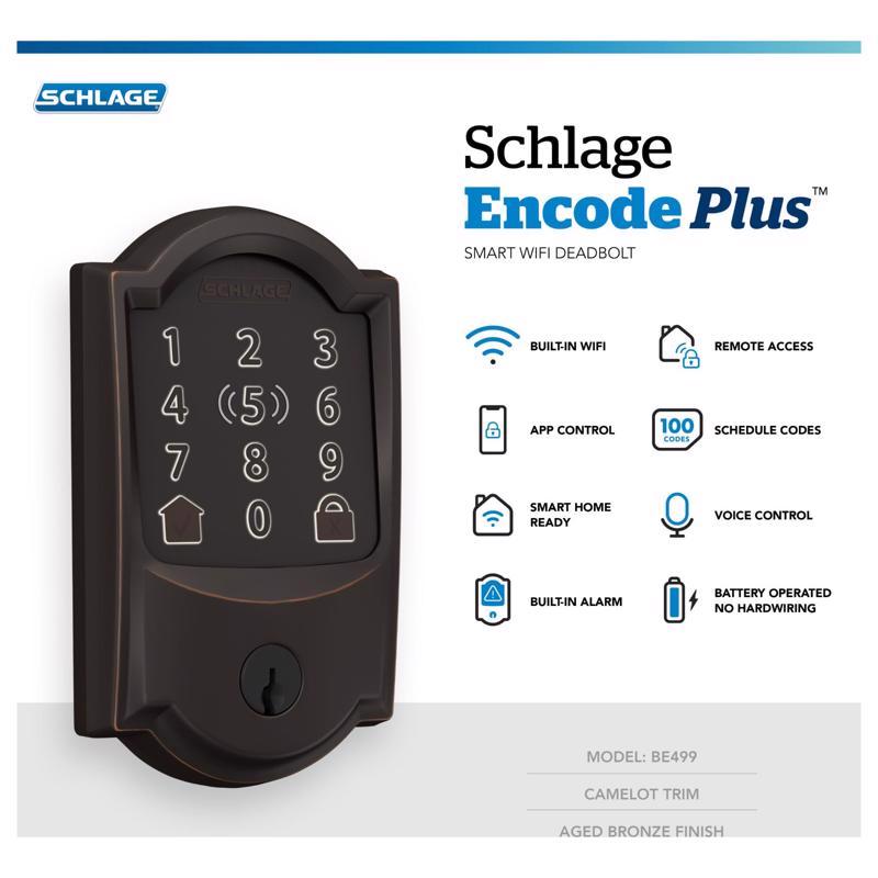 Schlage Encode Plus Aged Bronze Metal Wi-Fi Deadbolt with Camelot Trim