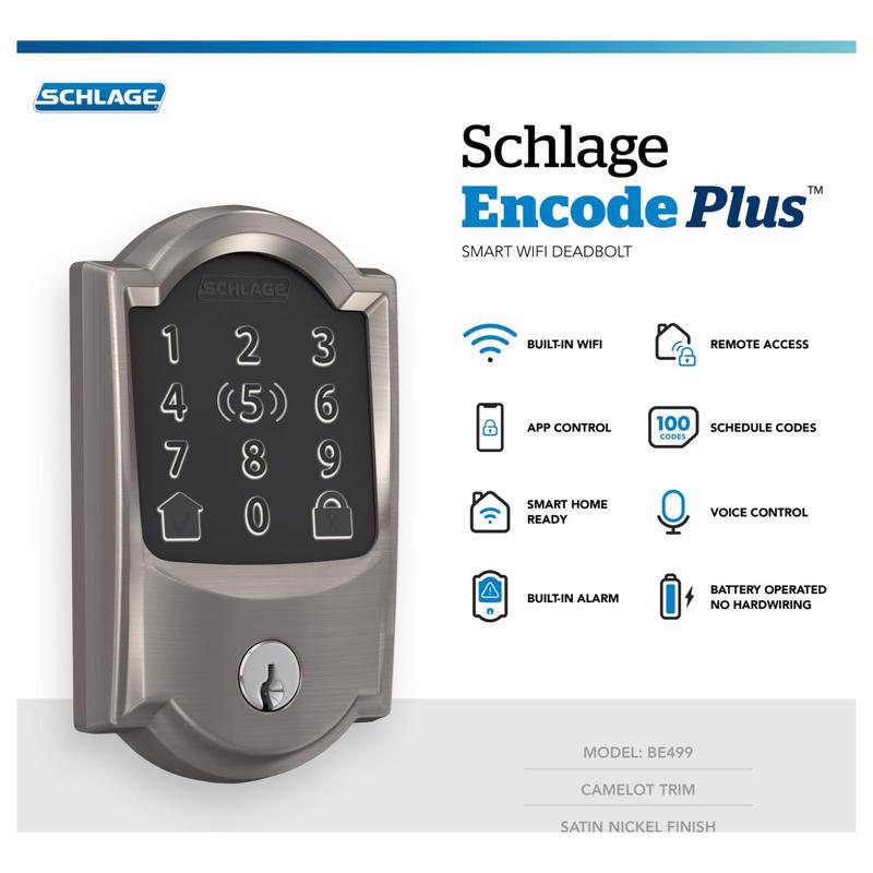 Schlage Encode Plus Satin Nickel Metal Wi-Fi Deadbolt with Camelot Trim