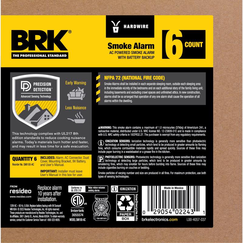 BRK Hard-Wired w/Battery Back-up Ionization Smoke Detector 6 pk