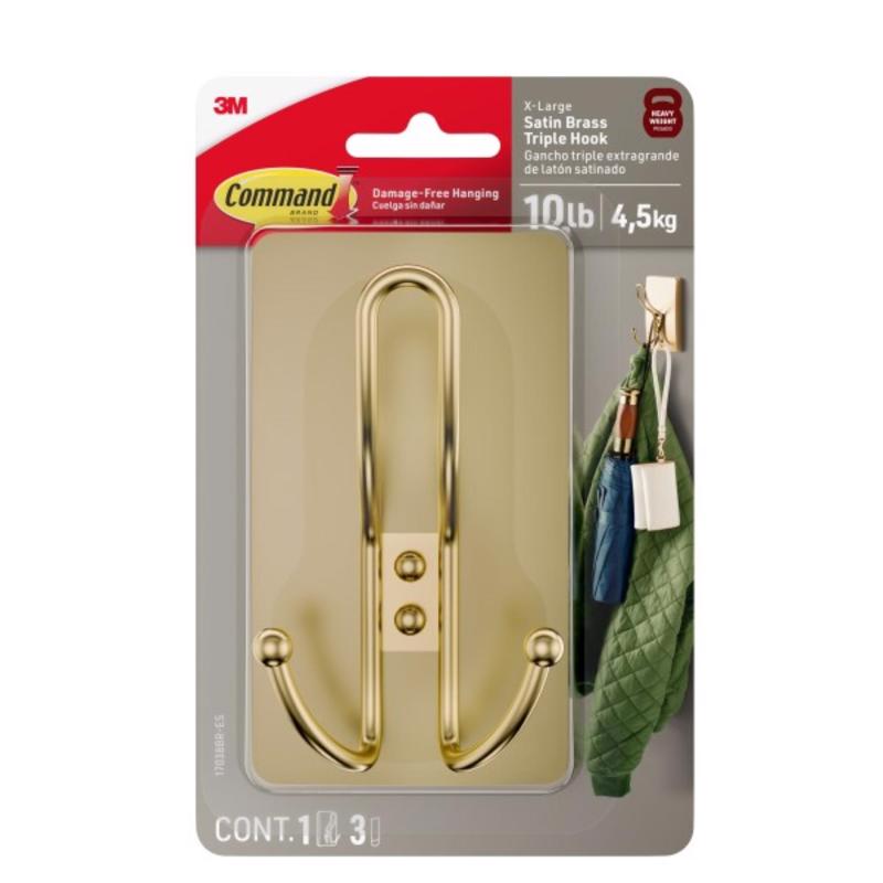 3M Satin Brass Plastic Triple Hook