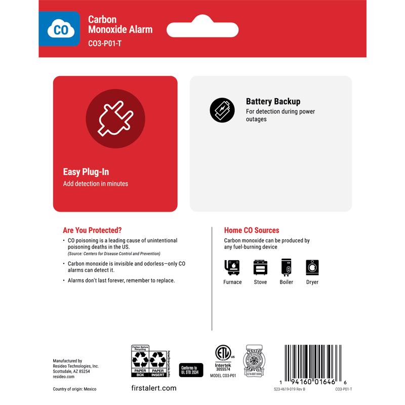 First Alert Plug-In w/Battery Back-up Electrochemical Carbon Monoxide Detector