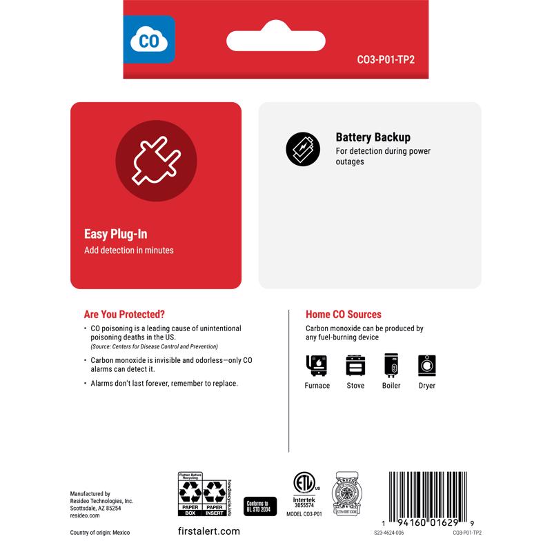 First Alert Plug-In w/Battery Back-up Electrochemical Carbon Monoxide Detector