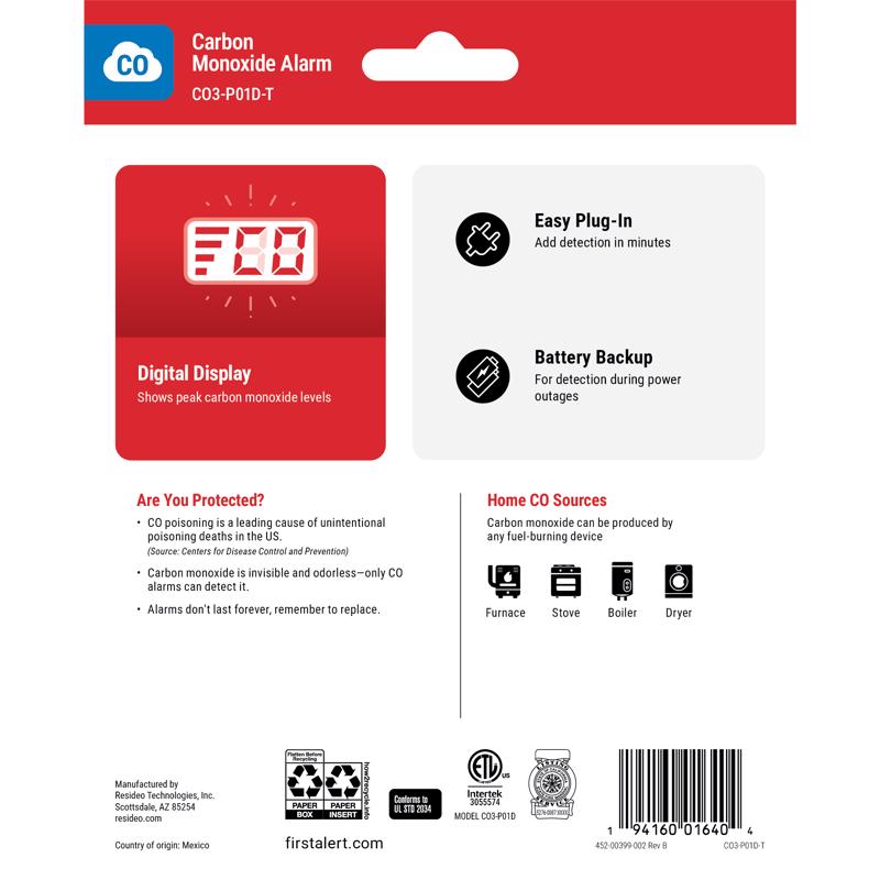 First Alert Plug-In w/Battery Back-up Electrochemical Carbon Monoxide Detector