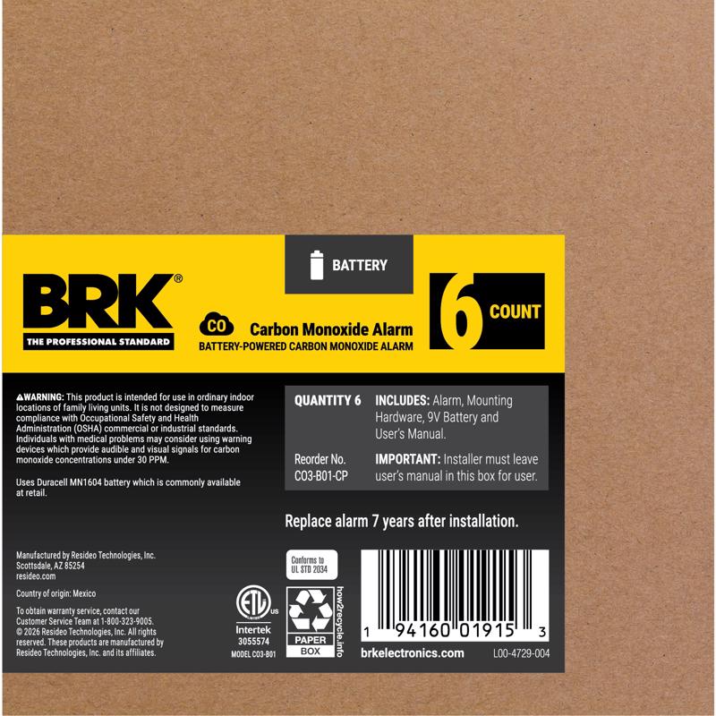 BRK Battery-Powered Electrochemical Carbon Monoxide Detector
