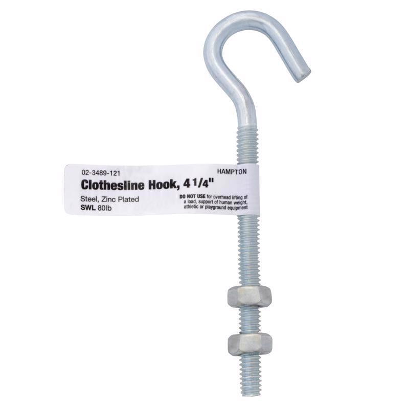 Hampton Small Zinc-Plated Silver Steel 4 in. L Clothesline Bolt Hook 80 lb