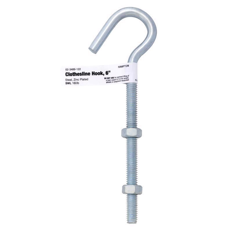 Hampton Medium Zinc-Plated Silver Steel 6 in. L Clothesline Bolt Hook 160 lb