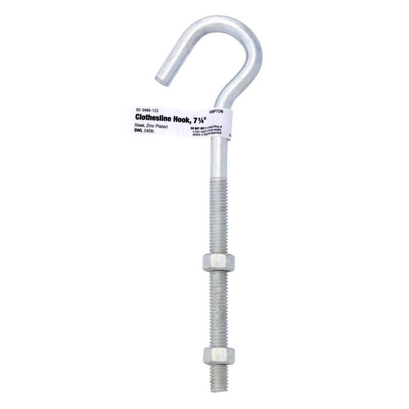 Hampton Medium Zinc-Plated Silver Steel 7.25 in. L Clothesline Bolt Hook 240 lb