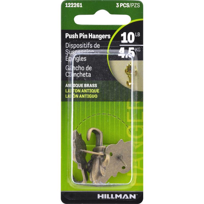 HILLMAN Antique Brass Push Pin Picture Hanger 10 lb