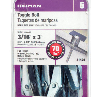 HILLMAN 3/16 in. D X 3 in. L Round Zinc-Plated Steel Toggle Bolt 10 pk