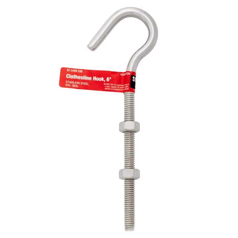Hampton Medium Stainless Steel 6 in. L Clothesline Hook 160 lb