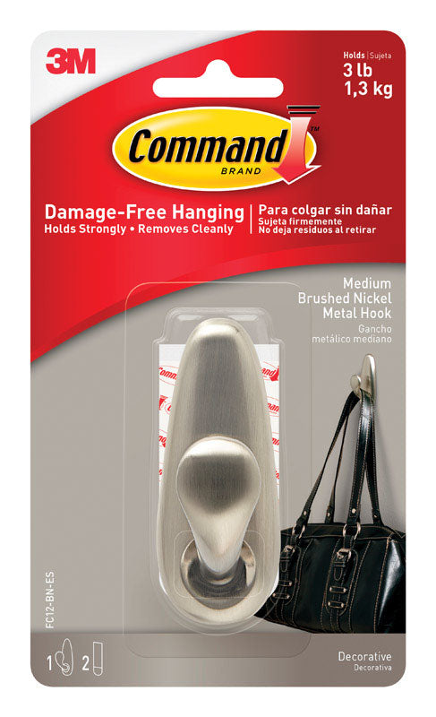 3M Command 3-1/4 in. L Brushed Nickel Metal Medium Hook 3 lb. cap.