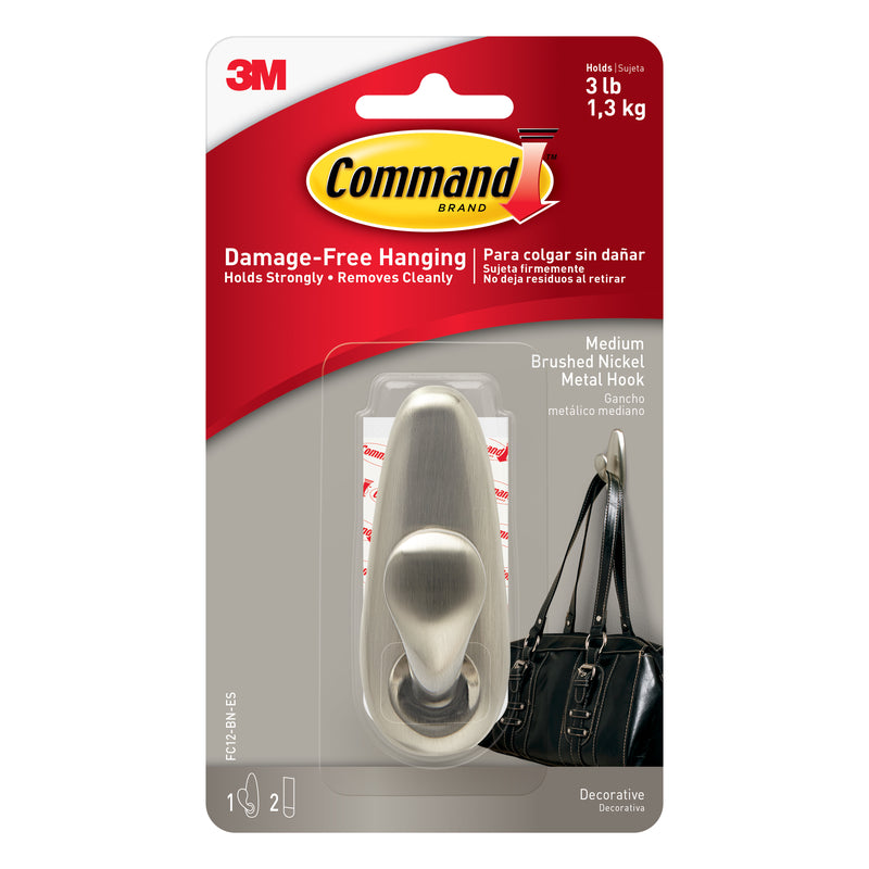 3M Command 3-1/4 in. L Brushed Nickel Metal Medium Hook 3 lb. cap.