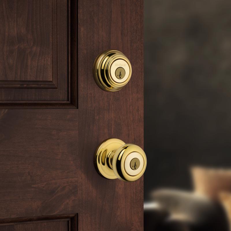 Kwikset SmartKey Juno Polished Brass Deadbolt and Entry Door Knob KW1 1-3/4 in.