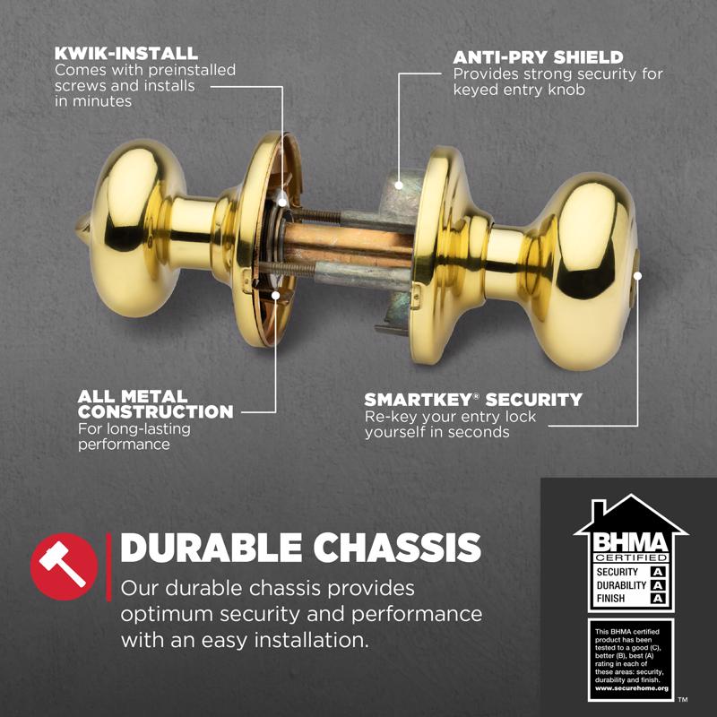 Kwikset SmartKey Juno Polished Brass Deadbolt and Entry Door Knob KW1 1-3/4 in.