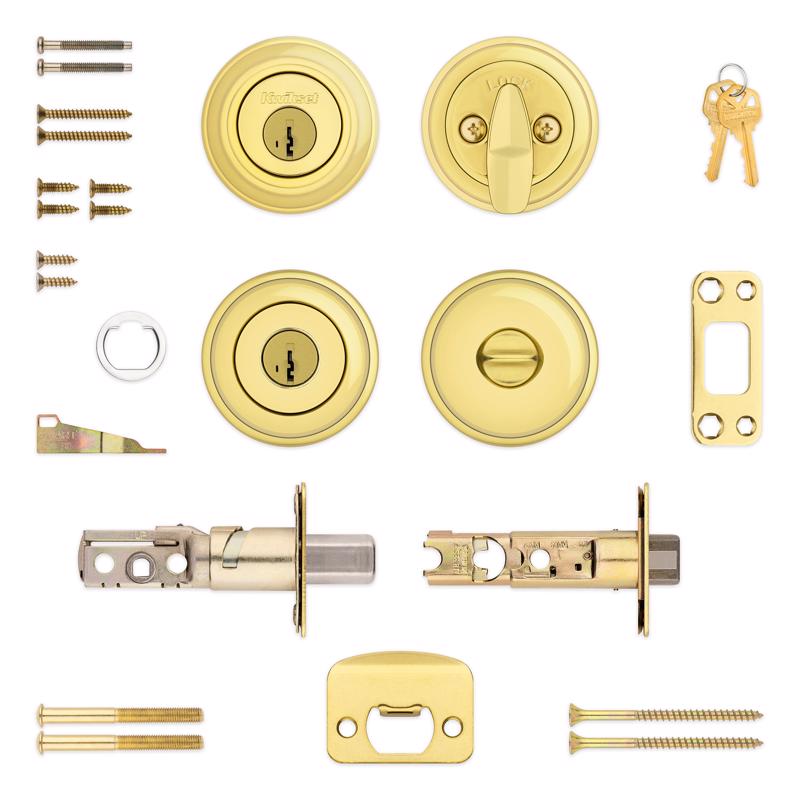 Kwikset SmartKey Juno Polished Brass Deadbolt and Entry Door Knob KW1 1-3/4 in.