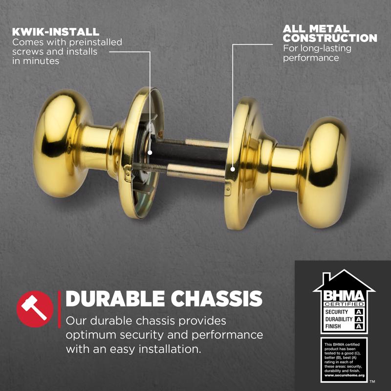 Kwikset Juno Polished Brass Passage Door Knob 1-3/4 in.