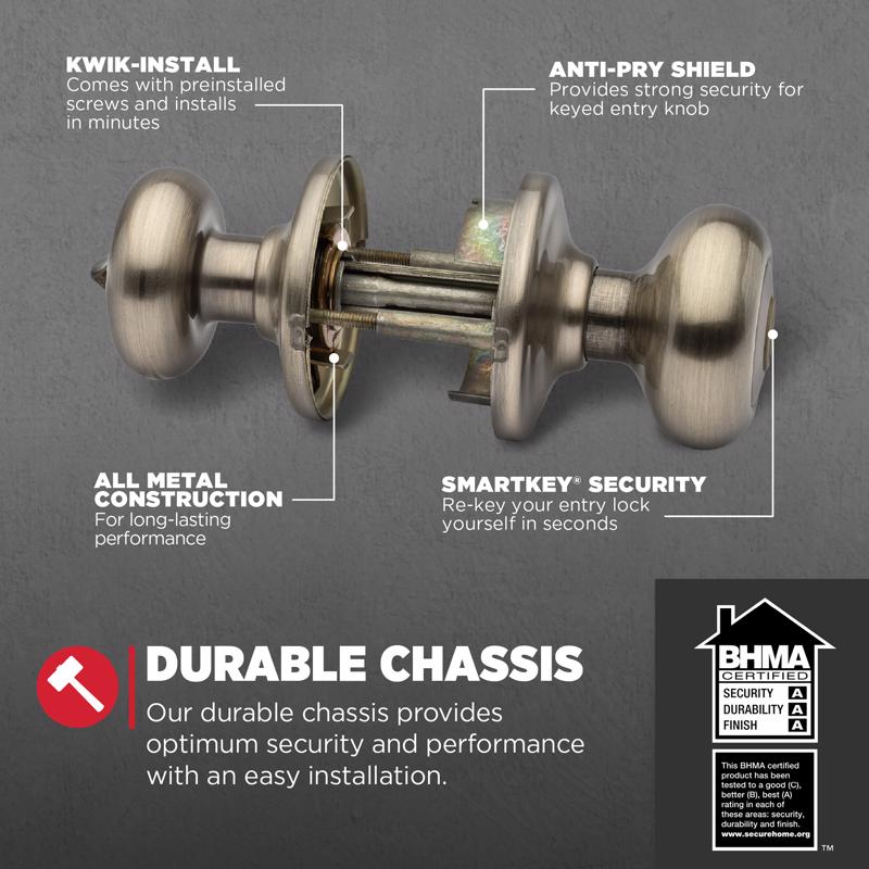 Kwikset SmartKey Juno Antique Brass Entry Lockset KW1 1-3/4 in.