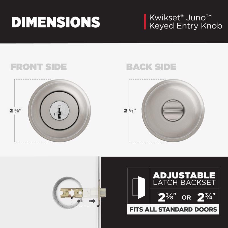 Kwikset SmartKey Juno Satin Nickel Entry Door Knob KW1 1-3/4 in.