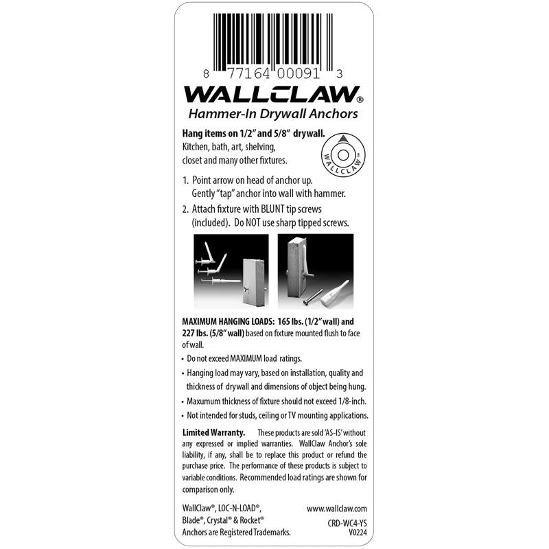 WallClaw Anchors LOC-N-LOAD .25 in. D X 2 in. L Plastic/Steel Pan Head Wallboard Anchors 4 pk