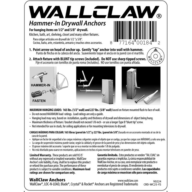 WallClaw Anchors LOC-N-LOAD .25 in. D X 2 in. L Plastic/Steel Pan Head Wallboard Anchors 25 pk