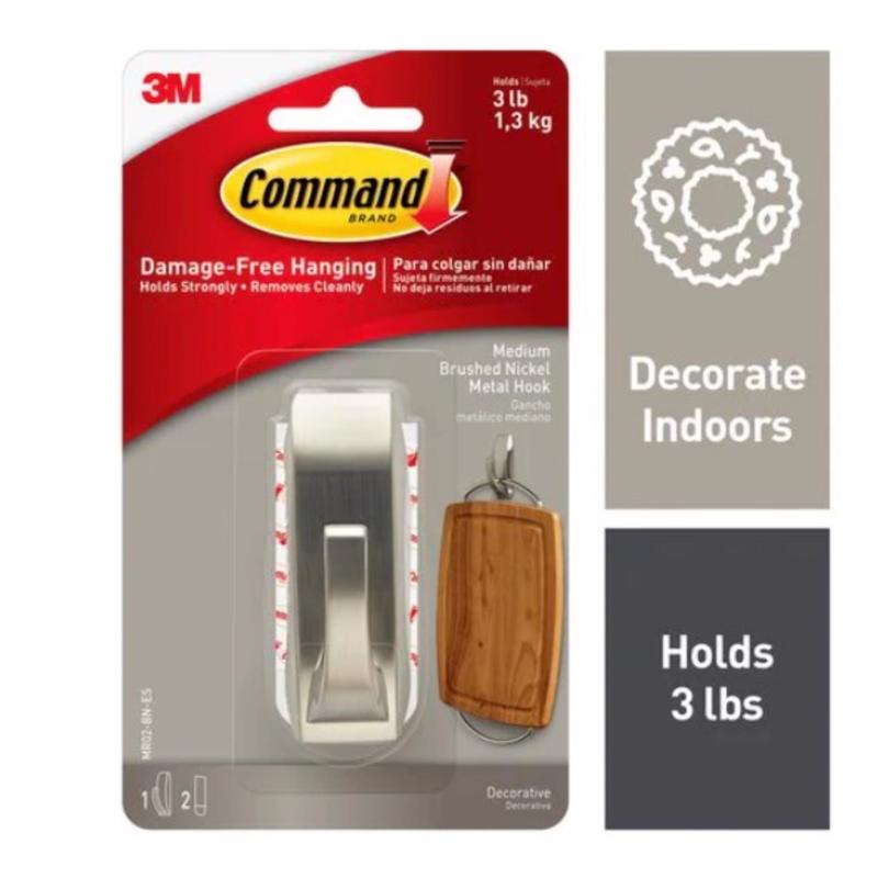 3M Command 3-1/8 in. L Brushed Nickel Metal Medium Hook 3 lb. cap.