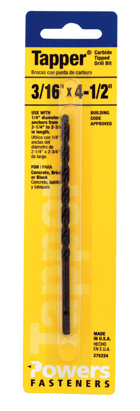 HILLMAN Tapper 3/16 in. X 4-1/2 in. L Carbide Tipped Drill Bit Straight Shank