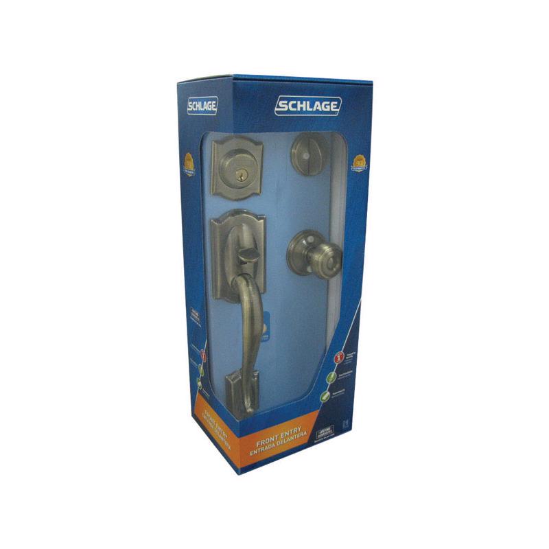 Schlage Camelot, Accent Antique Brass Entry Handleset 1-3/4 in.