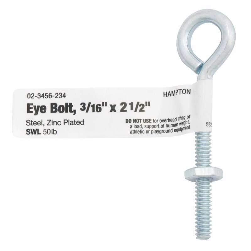Hampton 3/16 in. X 2.5 in. L Zinc-Plated Steel Eyebolt Nut Included