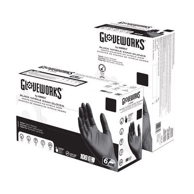 Ammex Gloveworks Nitrile Disposable Exam Gloves X-Large Black Powder Free 100 pc