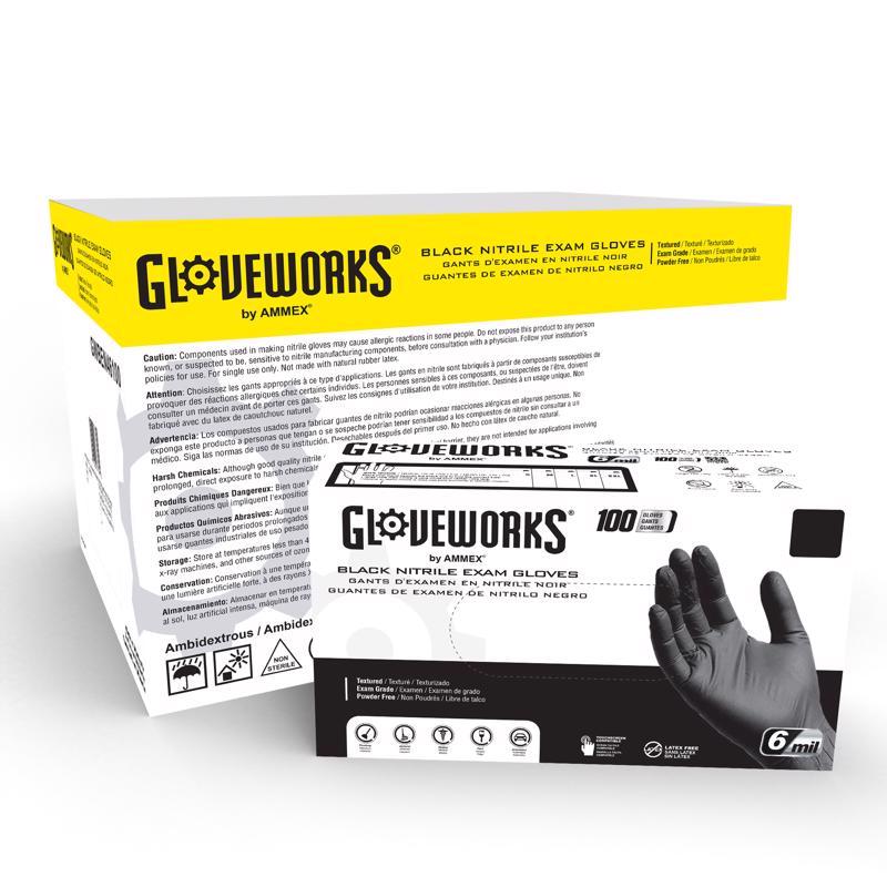 Ammex Gloveworks Nitrile Disposable Exam Gloves X-Large Black Powder Free 100 pc