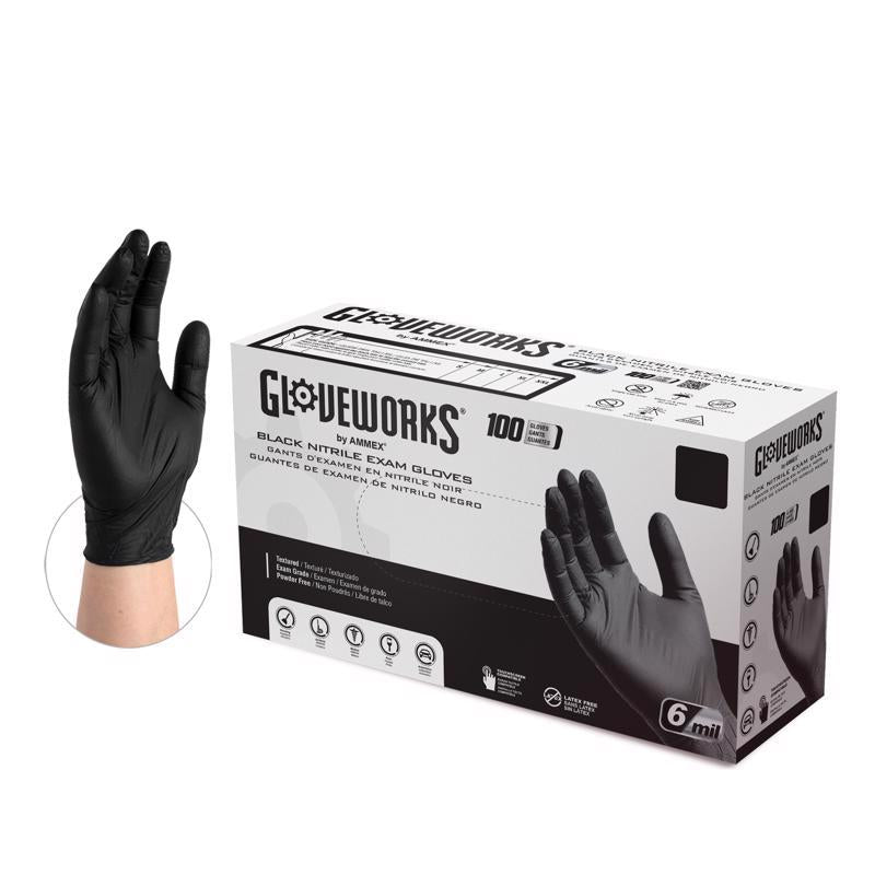 Ammex Gloveworks Nitrile Disposable Exam Gloves XX-Large Black Powder Free 100 pc