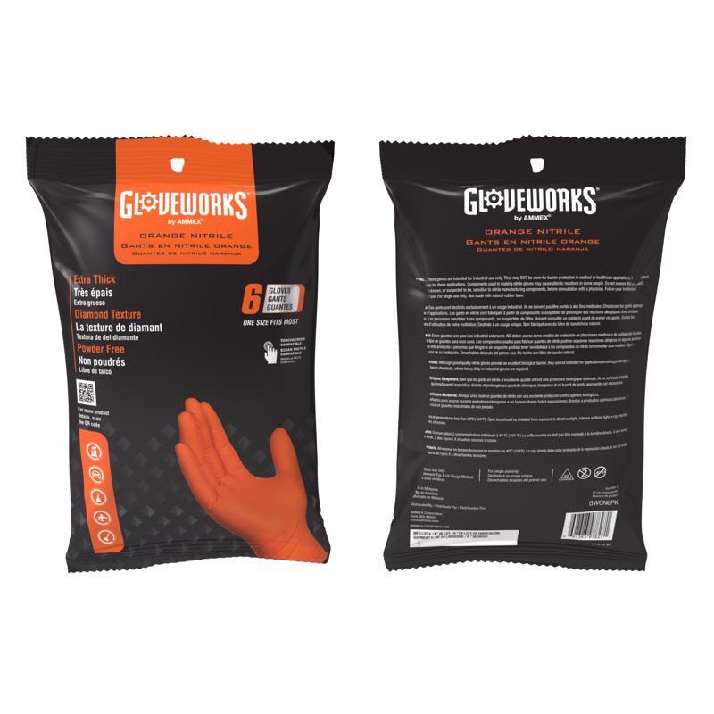 Gloveworks Nitrile Disposable Gloves One Size Fits Most Orange Powder Free 6 pc
