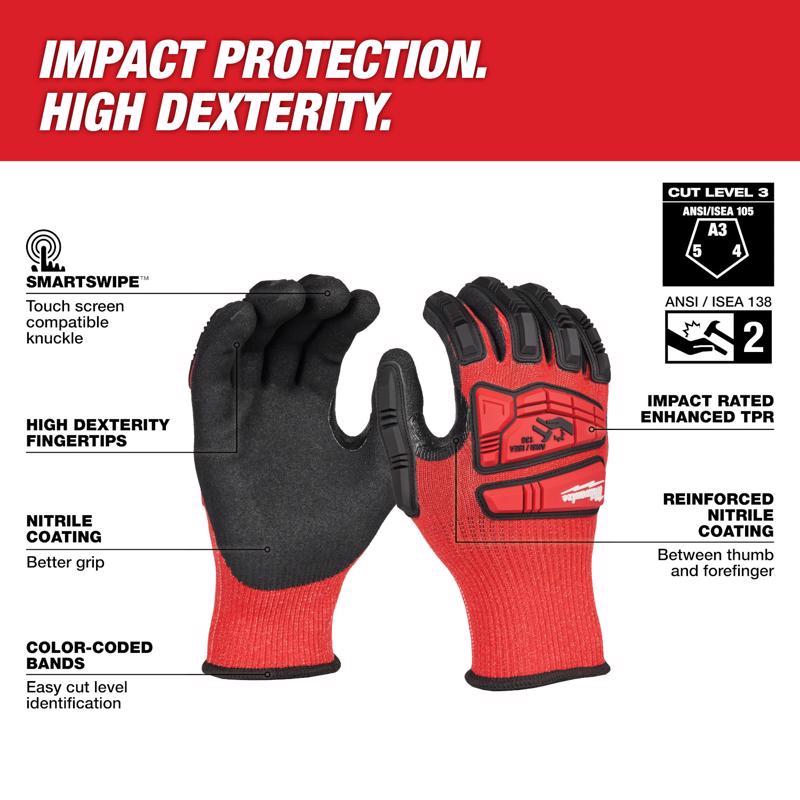 Milwaukee Impact Unisex Nitrile Dipped Gloves Black/Red XL