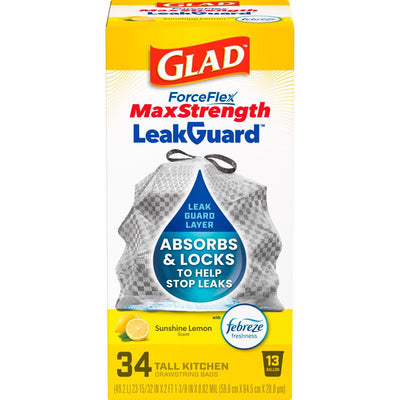 Glad LeakGuard 13 gal Lemon Kitchen Trash Bags Drawstring 34 pk