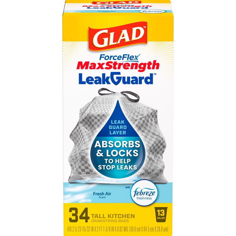Glad LeakGuard 13 gal Fresh Kitchen Trash Bags Drawstring 34 pk