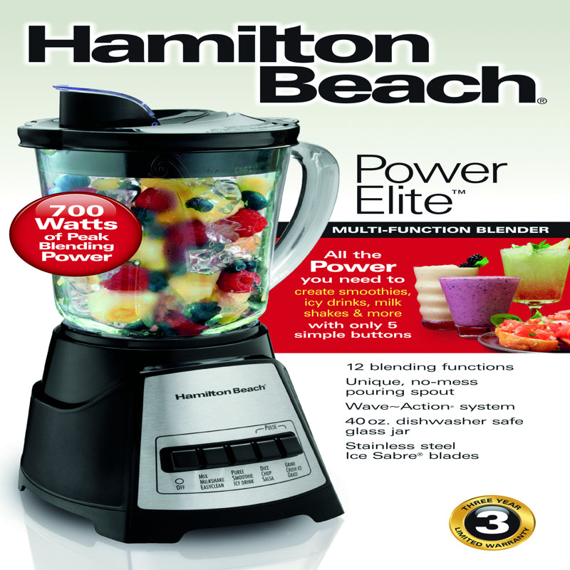 Hamilton Beach Power Elite Black Metal/Plastic Blender 40 oz 12 speed