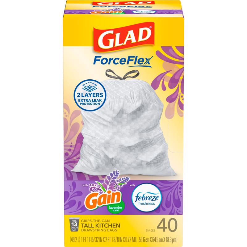 Glad ForceFlex 13 gal Lavender Tall Kitchen Bags Drawstring 40 pk