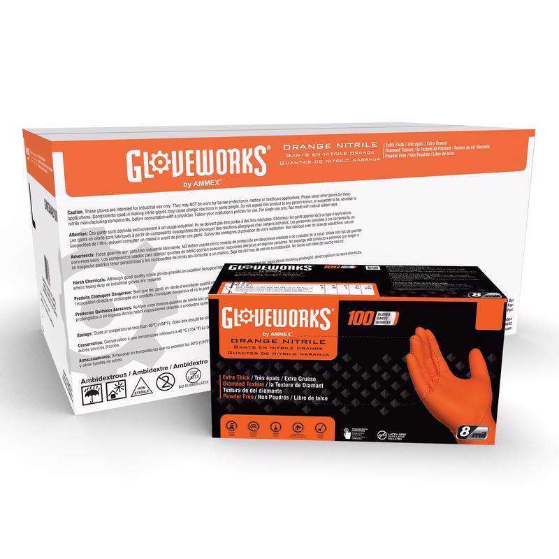 Gloveworks Nitrile Disposable Gloves Large Orange Powder Free 100 pk