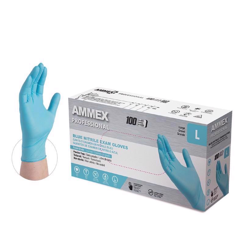Ammex Professional Nitrile Disposable Exam Gloves Large Blue Powder Free 100 pc