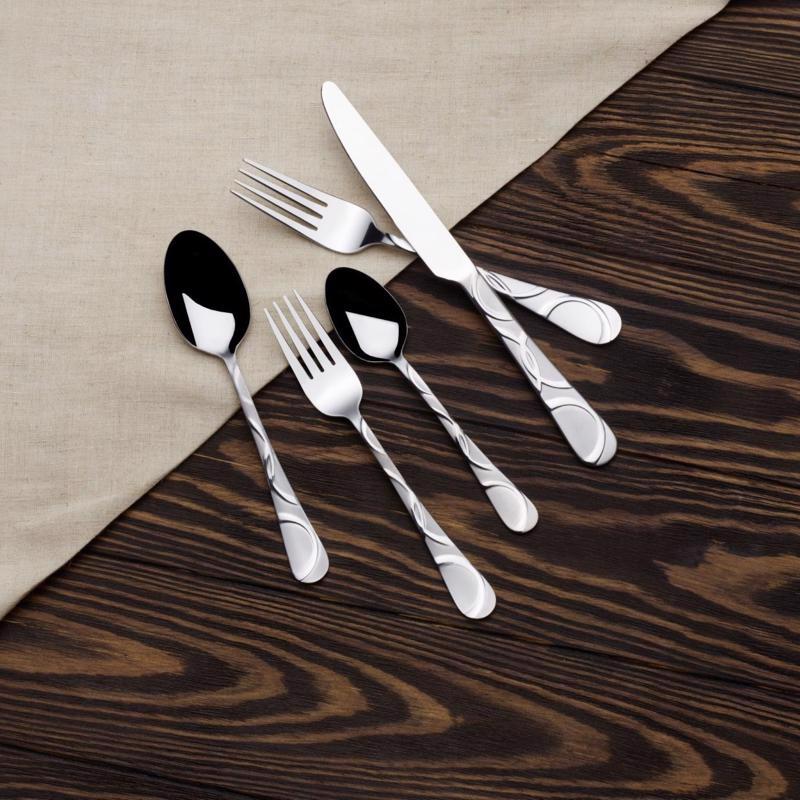 Pfaltzgraff Silver Stainless Steel Swirl Pattern on handle Flatware Set 20 pk