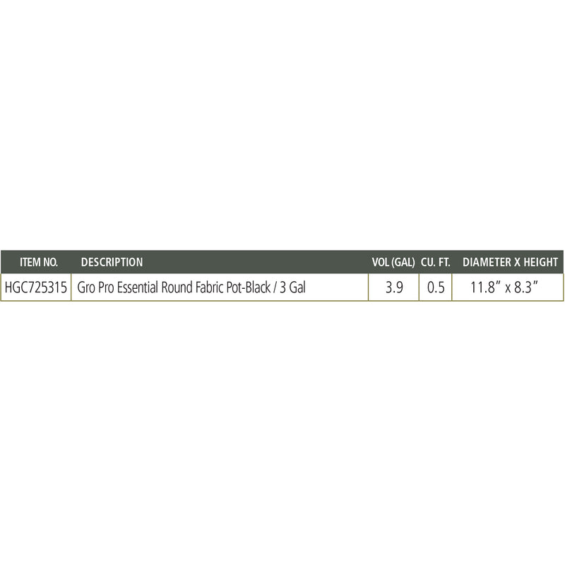 Gro Pro 8.3 in. H X 11.8 in. W X 11.8 in. D X 11.8 in. D Fabric Grow Bag Planter Black