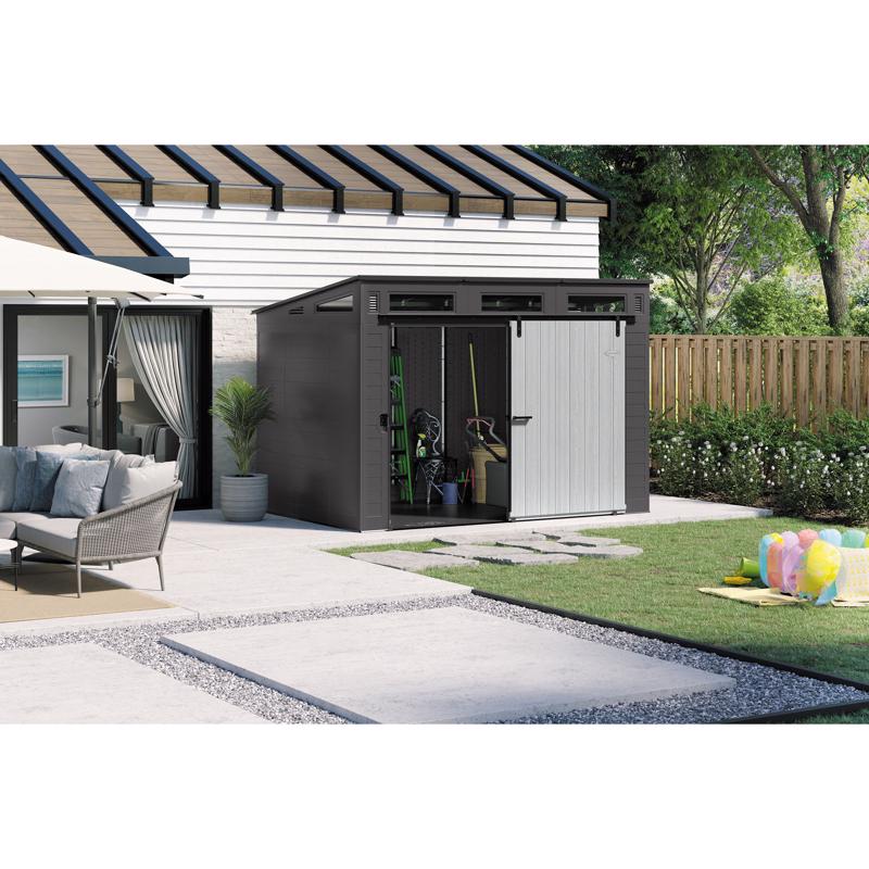 Suncast Modernist Barn Door 10 ft. x 7 ft. Resin Horizontal Barn Storage Shed with Floor Kit